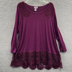 Catherines Womens Crochet Lace‎ Hem Tunic Top 14W Plum Romantic Plus Flowy Boho